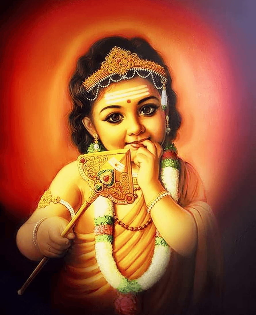 Murugan Devotional Portrait with Vel and Garland Against Warm Red Background HD phone wallpaper