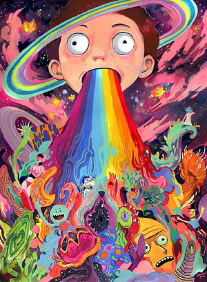 Psychedelic Rick and Morty Artwork Featuring Trippy Rainbow Vomit and Cosmic Chaos HD phone wallpaper