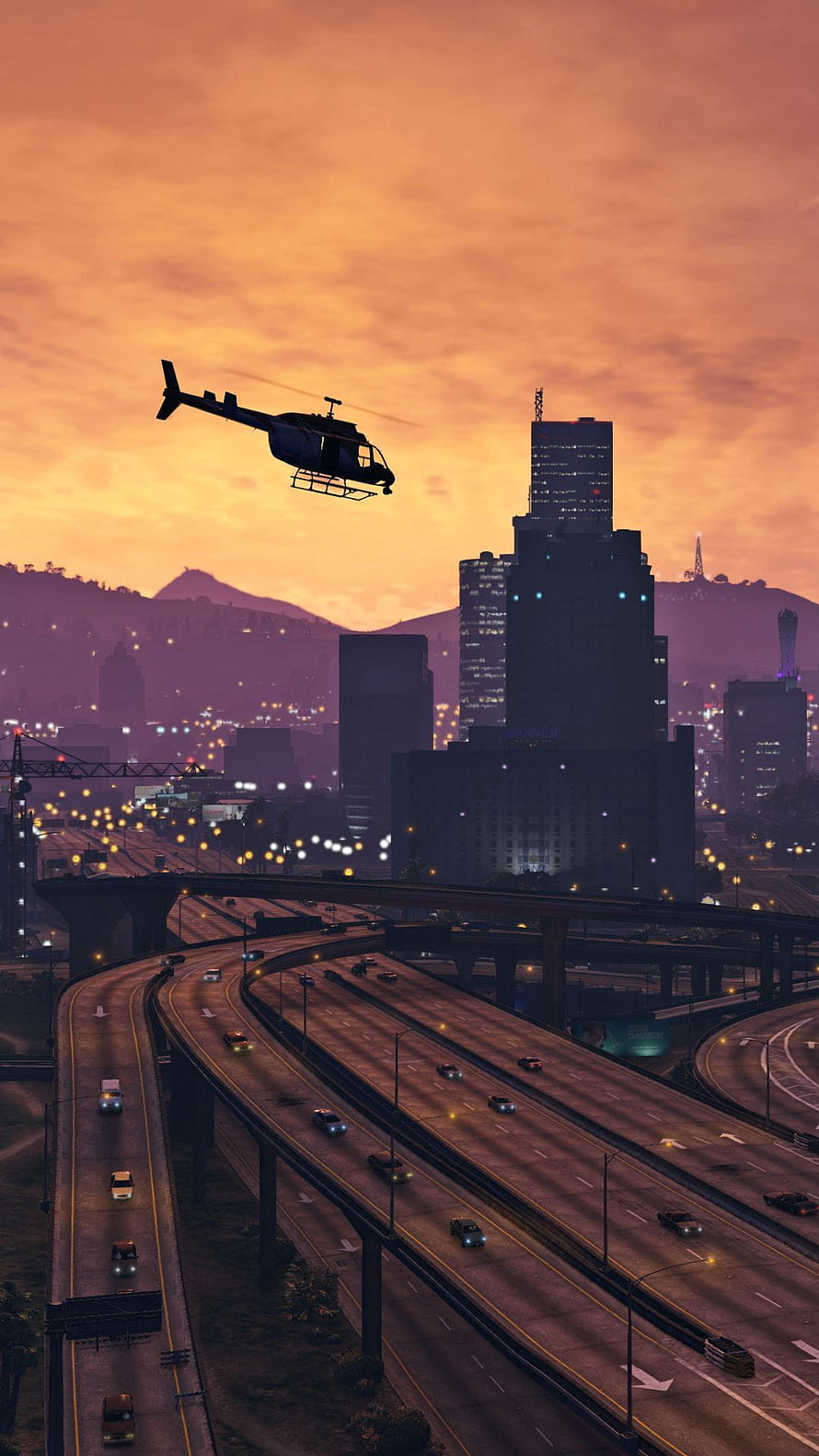 GTA San Andreas Cityscape at Sunset with Helicopter Over Highway Interchange HD phone wallpaper