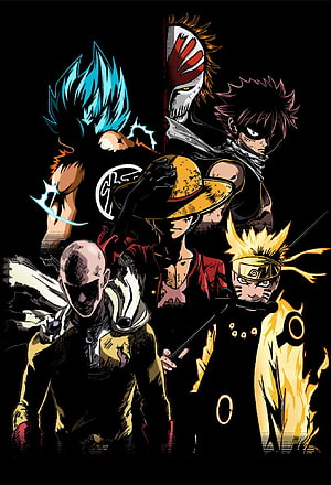 Anime Protagonist Group Portrait: Goku, Naruto, Luffy, Saitama, Kaneki, Natsu, and Ichigo HD phone wallpaper