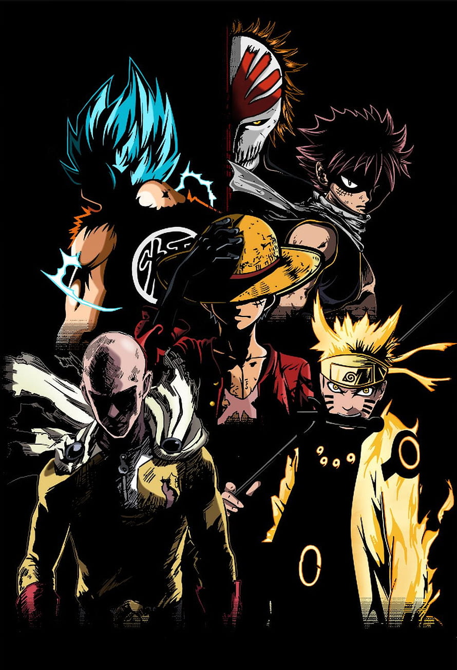 Anime Protagonist Group Portrait: Goku, Naruto, Luffy, Saitama, Kaneki, Natsu, and Ichigo HD phone wallpaper
