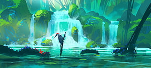 Serene Anime Jungle Waterfall Scene With Heron Perched On Branch HD wallpaper