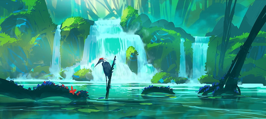 Serene Anime Jungle Waterfall Scene With Heron Perched On Branch HD wallpaper