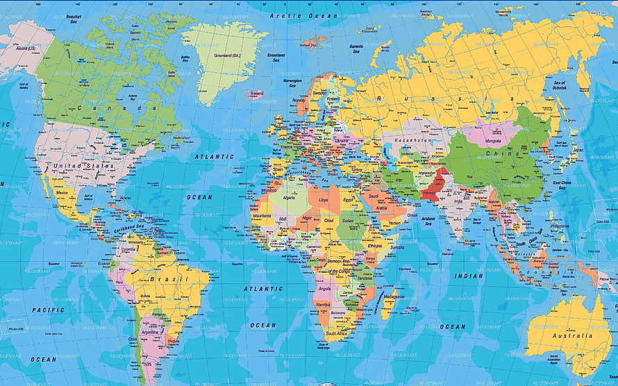 Detailed Political World Map with Country Borders and Ocean Labels HD wallpaper