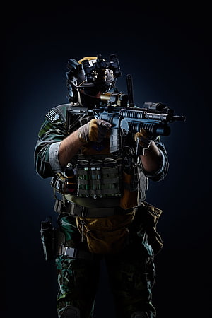 Tactical Soldier in Full Combat Gear Holding Rifle Against Dark Background HD phone wallpaper