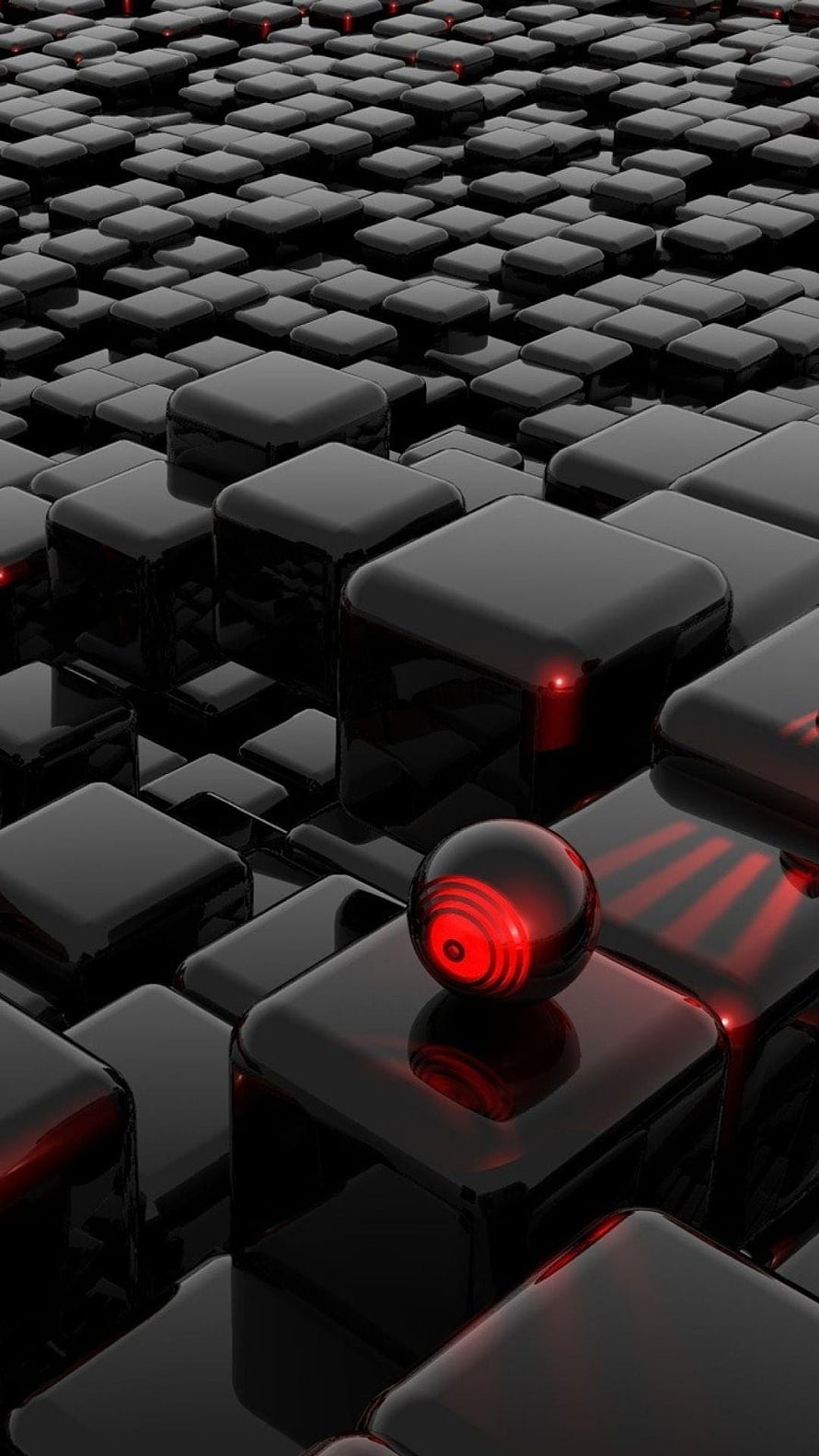 Glossy Black Cubes with Glowing Red Sphere in 3D Render HD phone wallpaper