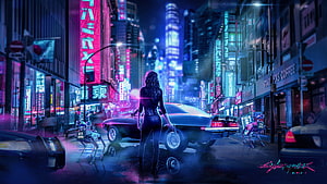 Cyberpunk 2077 Night City Street Scene with Woman and Classic Car, Cyberpunk 2077 Ultra, cyberpunk for pc HD wallpaper