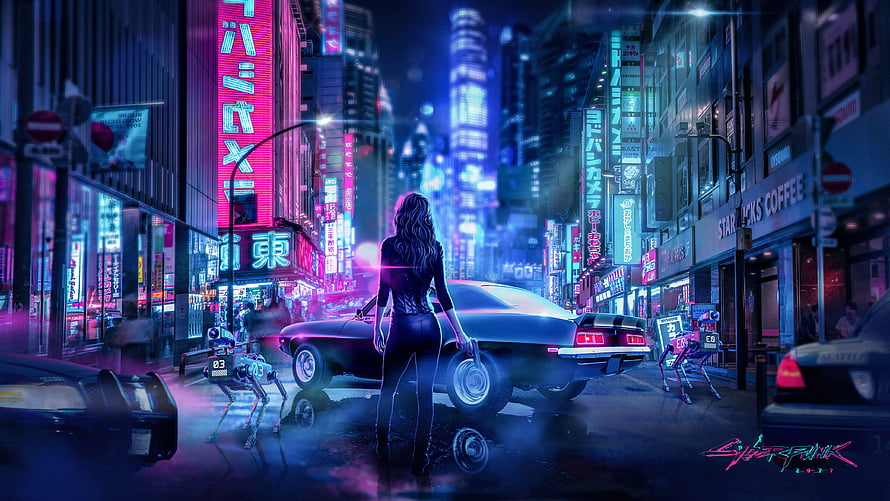 Cyberpunk 2077 Night City Street Scene with Woman and Classic Car, Cyberpunk 2077 Ultra, cyberpunk for pc HD wallpaper