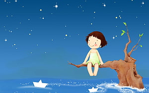 Cute Cartoon Girl Sitting on a Tree Branch Under a Starry Night Sky HD wallpaper