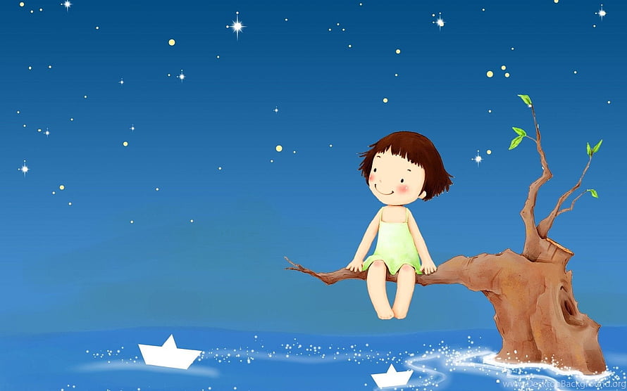 Cute Cartoon Girl Sitting on a Tree Branch Under a Starry Night Sky HD wallpaper