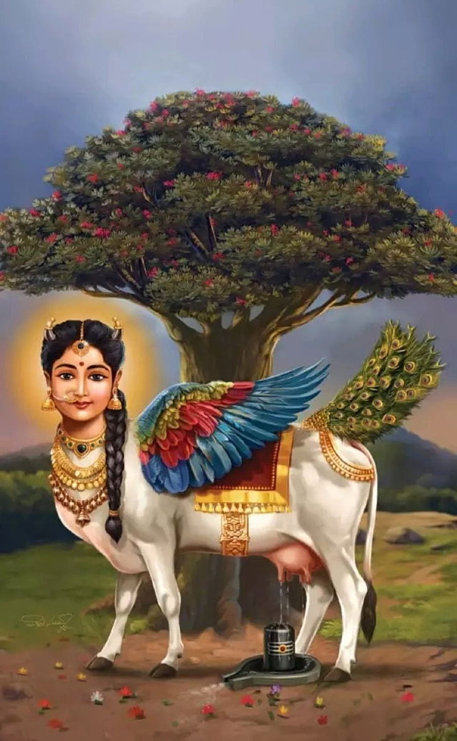 Kamadhenu Divine Cow with Peacock Wings and Human Face Under Flowering Tree HD phone wallpaper