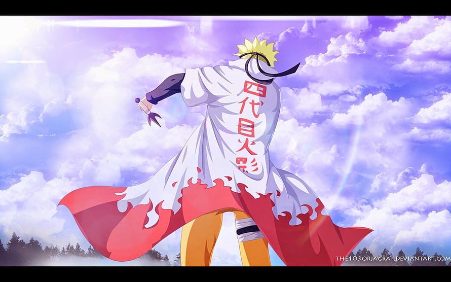 Naruto Uzumaki as Hokage in White Cape Against Purple Cloudy Sky HD wallpaper
