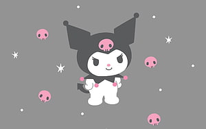Kuromi Sanrio Character with Pink Skulls and Stars on Gray Background HD wallpaper