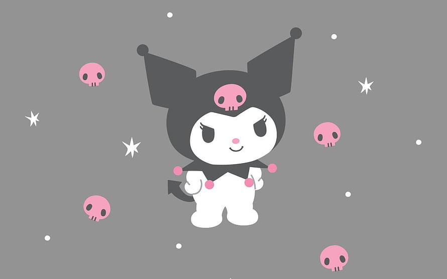 Kuromi Sanrio Character with Pink Skulls and Stars on Gray Background HD wallpaper
