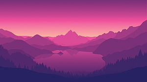 Flat Vector Mountain Lake Landscape at Sunset with Purple and Pink Gradient Sky HD wallpaper