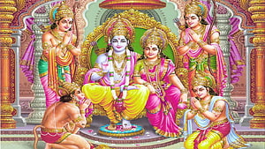 Ram Darbar Divine Painting with Sita and Devotees in Traditional Indian Style HD wallpaper