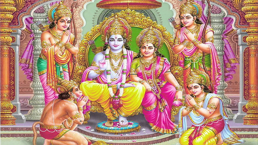 Ram Darbar Divine Painting with Sita and Devotees in Traditional Indian Style HD wallpaper