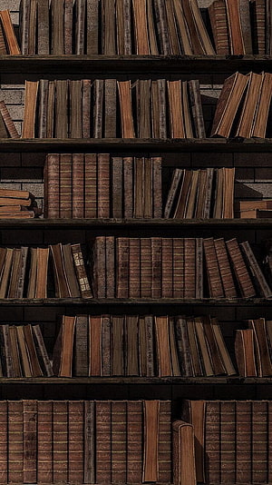 Vintage Leather Bound Books on Dark Wooden Shelves in a Classic Library Setting HD phone wallpaper