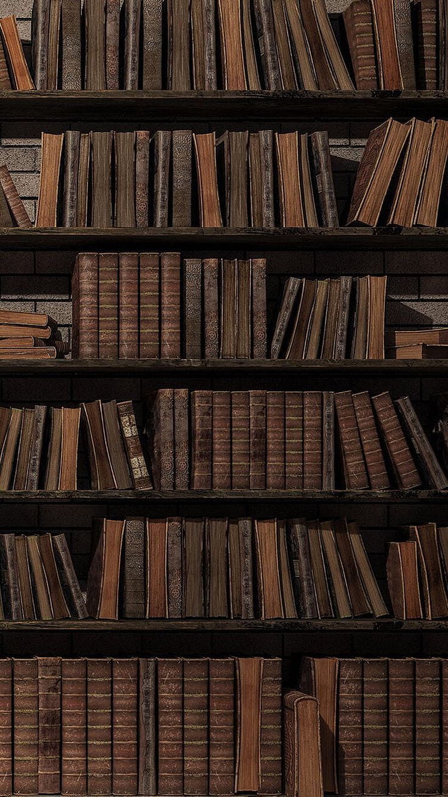 Vintage Leather Bound Books on Dark Wooden Shelves in a Classic Library Setting HD phone wallpaper