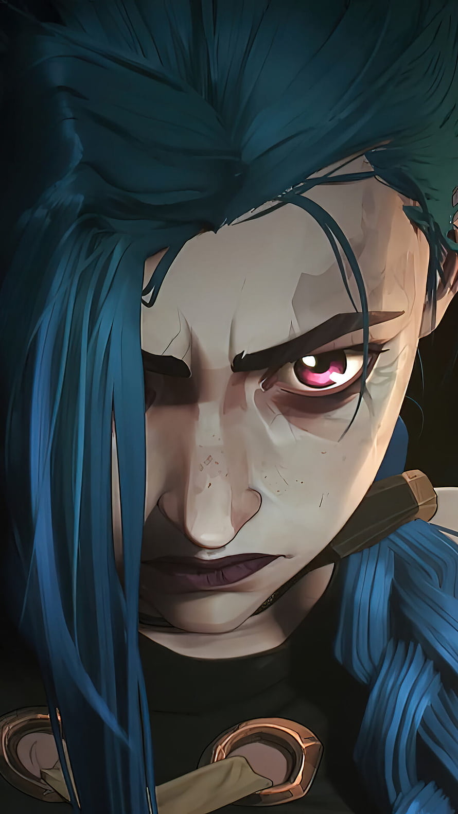 Jinx from Arcane Close-Up Portrait with Blue Hair and Intense Pink Eyes HD phone wallpaper