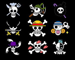 One Piece Jolly Roger Collection Featuring Straw Hat and Crew Skull Emblems HD wallpaper