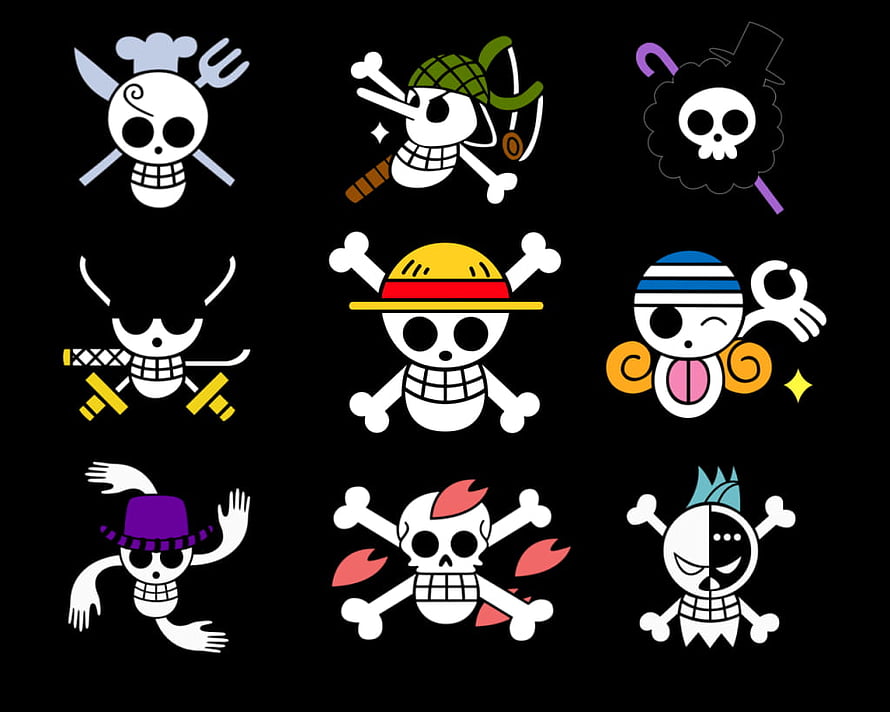 One Piece Jolly Roger Collection Featuring Straw Hat and Crew Skull Emblems HD wallpaper