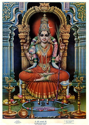 Sree Kamakshi Devi Traditional Indian Temple Artwork with Ornate Gold Throne and Ritual Offerings HD phone wallpaper