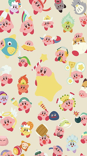 Cute Kirby Character Pattern Wallpaper with Various Costumes and Abilities HD phone wallpaper