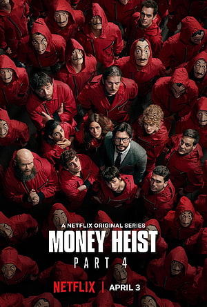 Money Heist Part 4 Cast in Red Suits and Dalí Masks Looking Up at Camera HD phone wallpaper