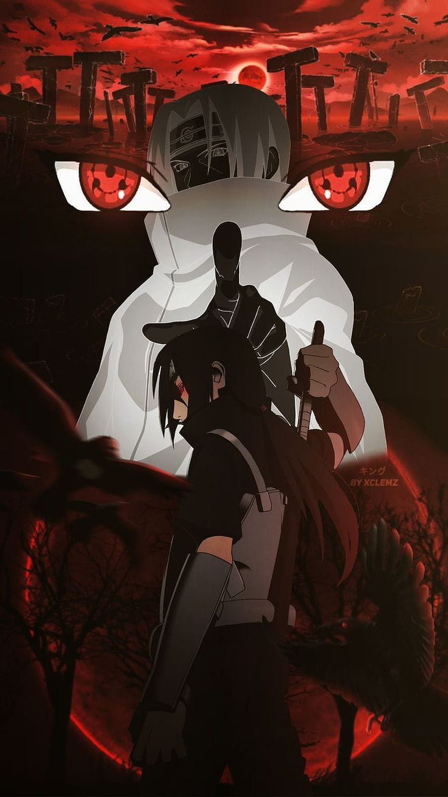 Itachi Uchiha and Madara Uchiha in a Dark Red Cemetery with Sharingan Eyes HD phone wallpaper