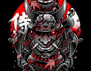 Japanese Oni Demon Warrior with Samurai Helmet and Red Accents HD wallpaper
