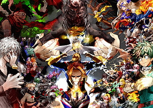 My Hero Academia Ensemble Artwork Featuring All Might and Deku in Dynamic Action Pose HD wallpaper