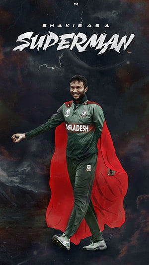Shakib Al Hasan in Bangladesh Cricket Kit with Dramatic Red Superman Cape HD phone wallpaper