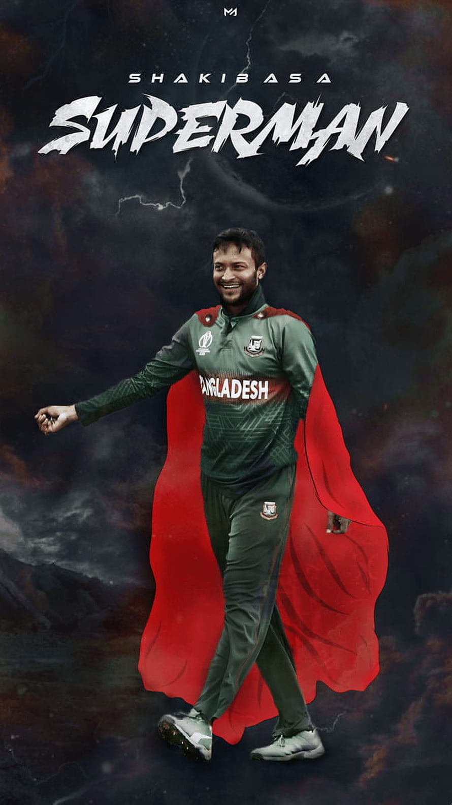 Shakib Al Hasan in Bangladesh Cricket Kit with Dramatic Red Superman Cape HD phone wallpaper