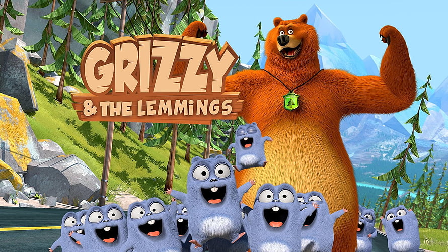 Grizzy and the Lemmings Animated Bear and Blue Creatures in Mountain Forest HD wallpaper