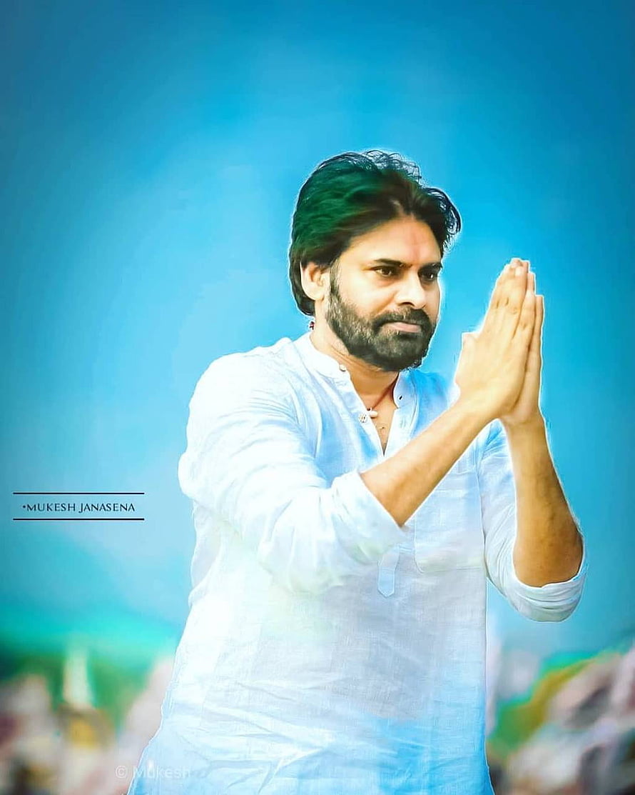 Pawan Kalyan in White Kurta with Hands in Prayer Pose Against Blue Sky HD phone wallpaper