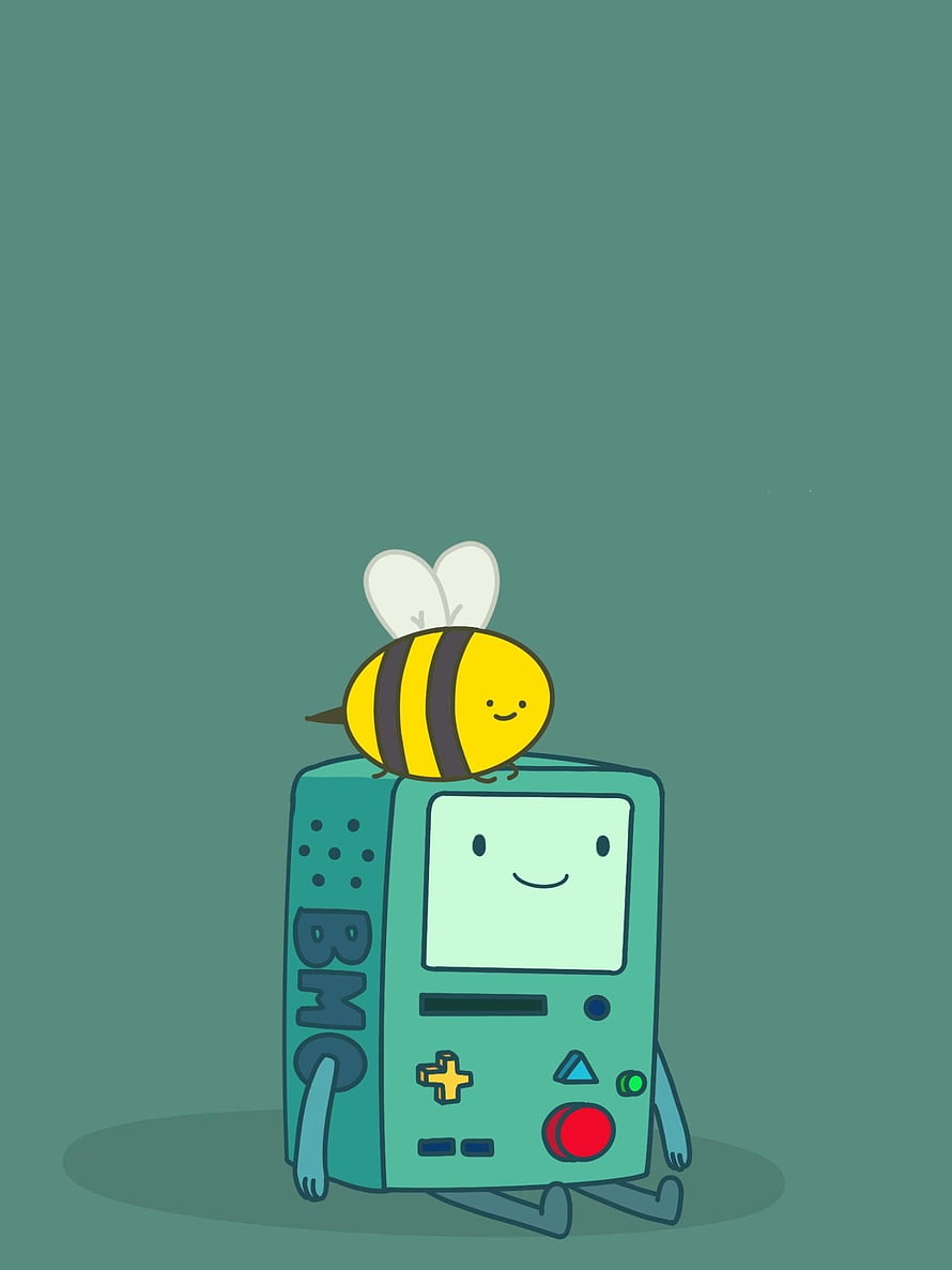 Adventure Time BMO with a Cute Bee on Top in a Minimalist Teal Illustration HD phone wallpaper