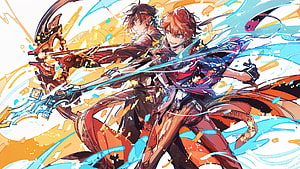 Tartaglia and Zhongli Dynamic Combat Scene from Genshin Impact HD wallpaper