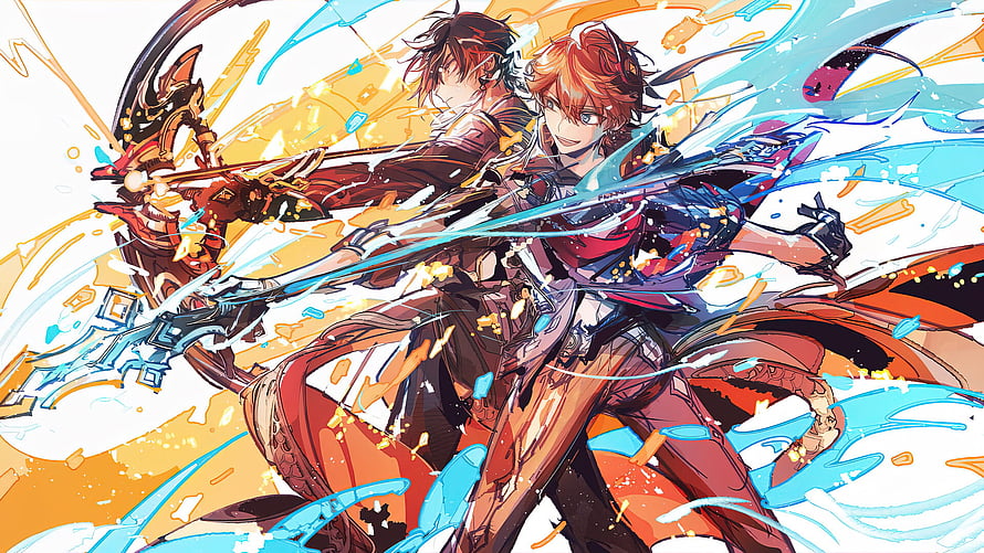 Tartaglia and Zhongli Dynamic Combat Scene from Genshin Impact HD wallpaper