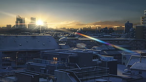 Makoto Shinkai Anime Cityscape at Sunset with Snow and Lens Flare HD wallpaper