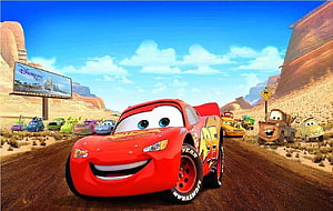 Lightning McQueen and Friends on a Desert Road in Disney Pixar Cars HD wallpaper