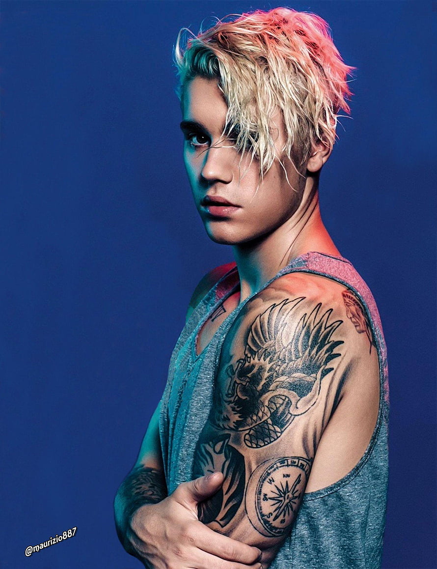 Justin Bieber Studio Portrait With Dragon Tattoo And Pink Hair HD phone wallpaper