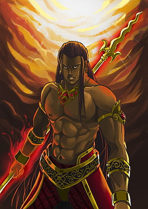 Karna from the Mahabharata in ornate golden armor wielding a flaming spear against a fiery backdrop HD phone wallpaper