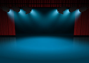 Theatrical Stage With Red Curtains And Blue Spotlight Beams HD wallpaper