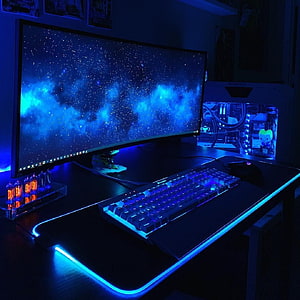 Blue RGB Gaming Desk Setup With Curved Monitor and Mechanical Keyboard HD phone wallpaper