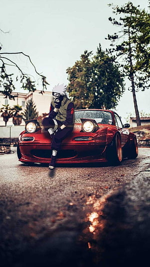 Kakashi Hatake Cosplay Sitting on a Red JDM Drift Car HD phone wallpaper