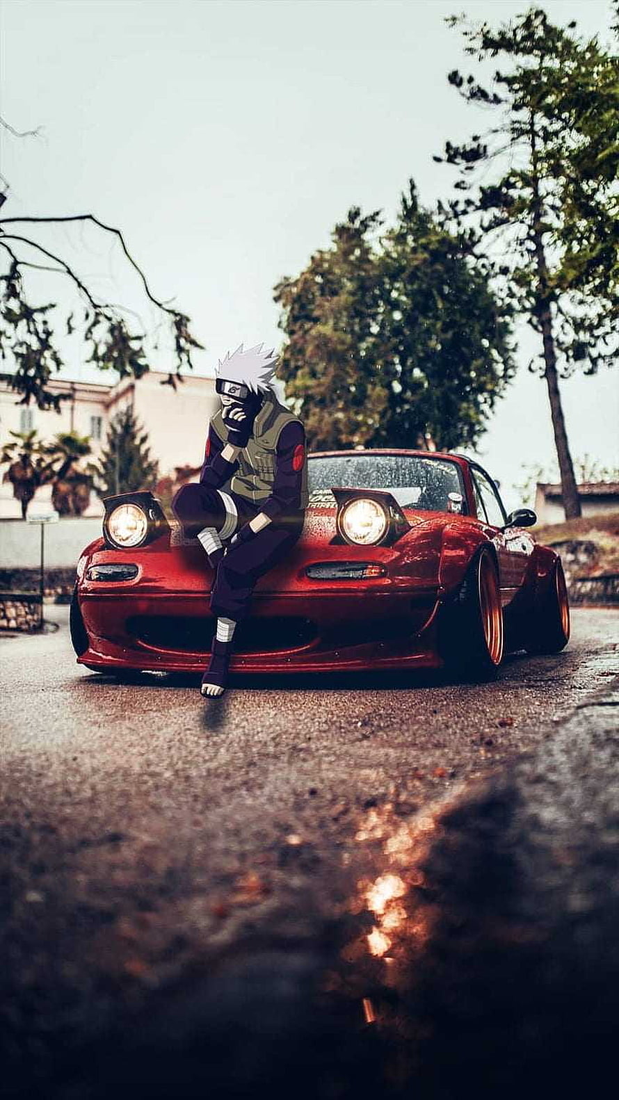 Kakashi Hatake Cosplay Sitting on a Red JDM Drift Car HD phone wallpaper