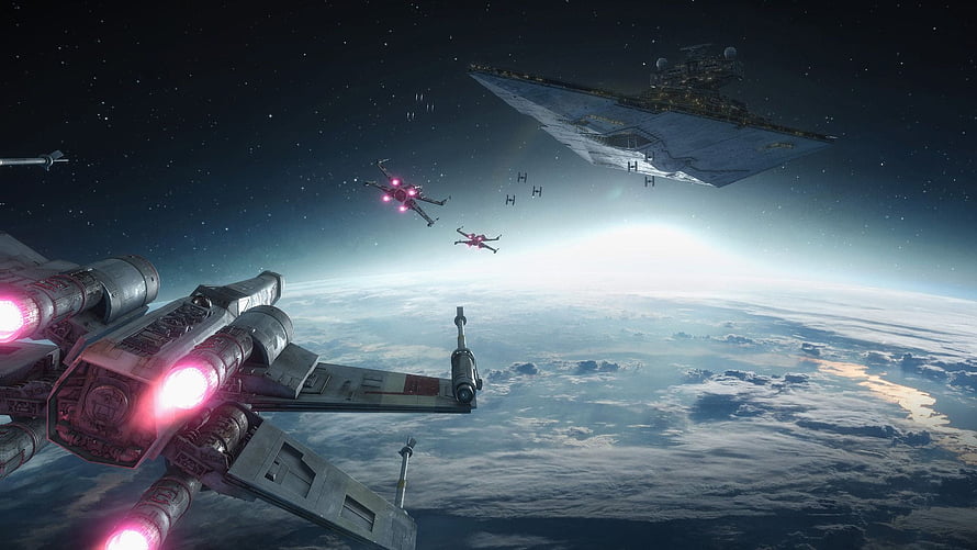 Star Wars Squadrons Space Battle with X-Wing and TIE Fighters Over a Cloudy Planet HD wallpaper