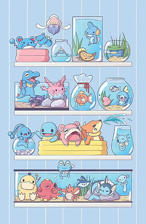 Cute Chibi Water Type Pokemon Displayed in Aquariums and Fishbowls on Shelves HD phone wallpaper