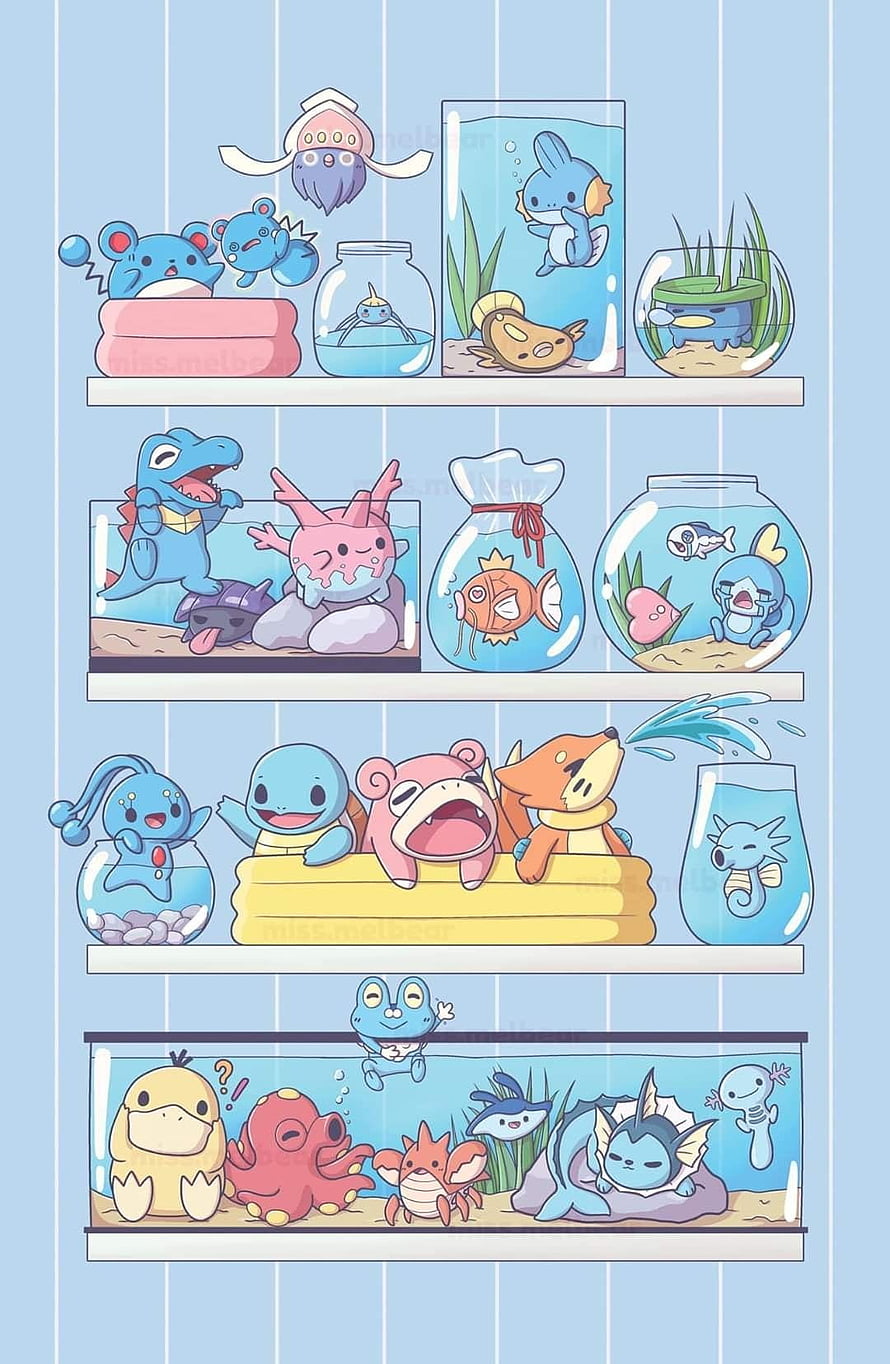 Cute Chibi Water Type Pokemon Displayed in Aquariums and Fishbowls on Shelves HD phone wallpaper